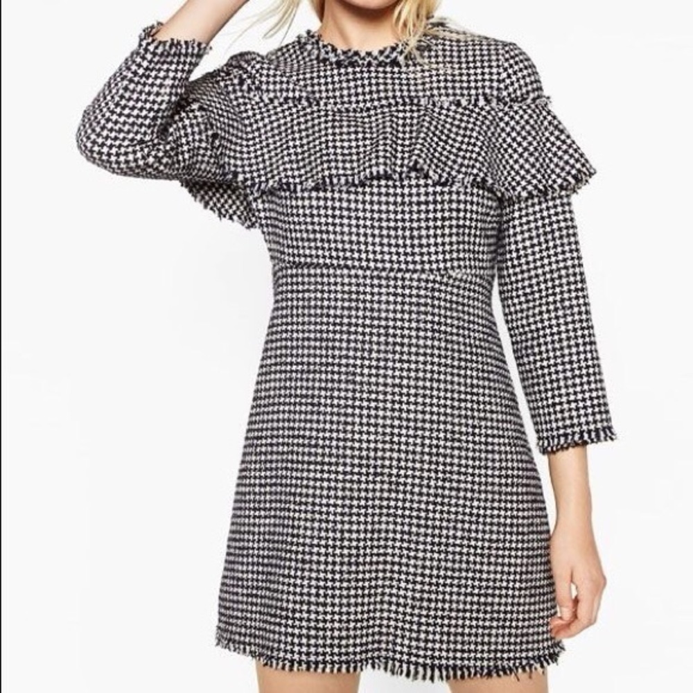 Zara Woman Frill Tweed Dress Womens Small Long Sleeve Houndstooth Like B&W
